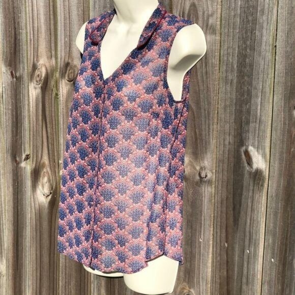 Cabi Blouse XS Top Fan Button Down Red Blue Tank Sleeveless 3620 Sheer Collar - Picture 6 of 11